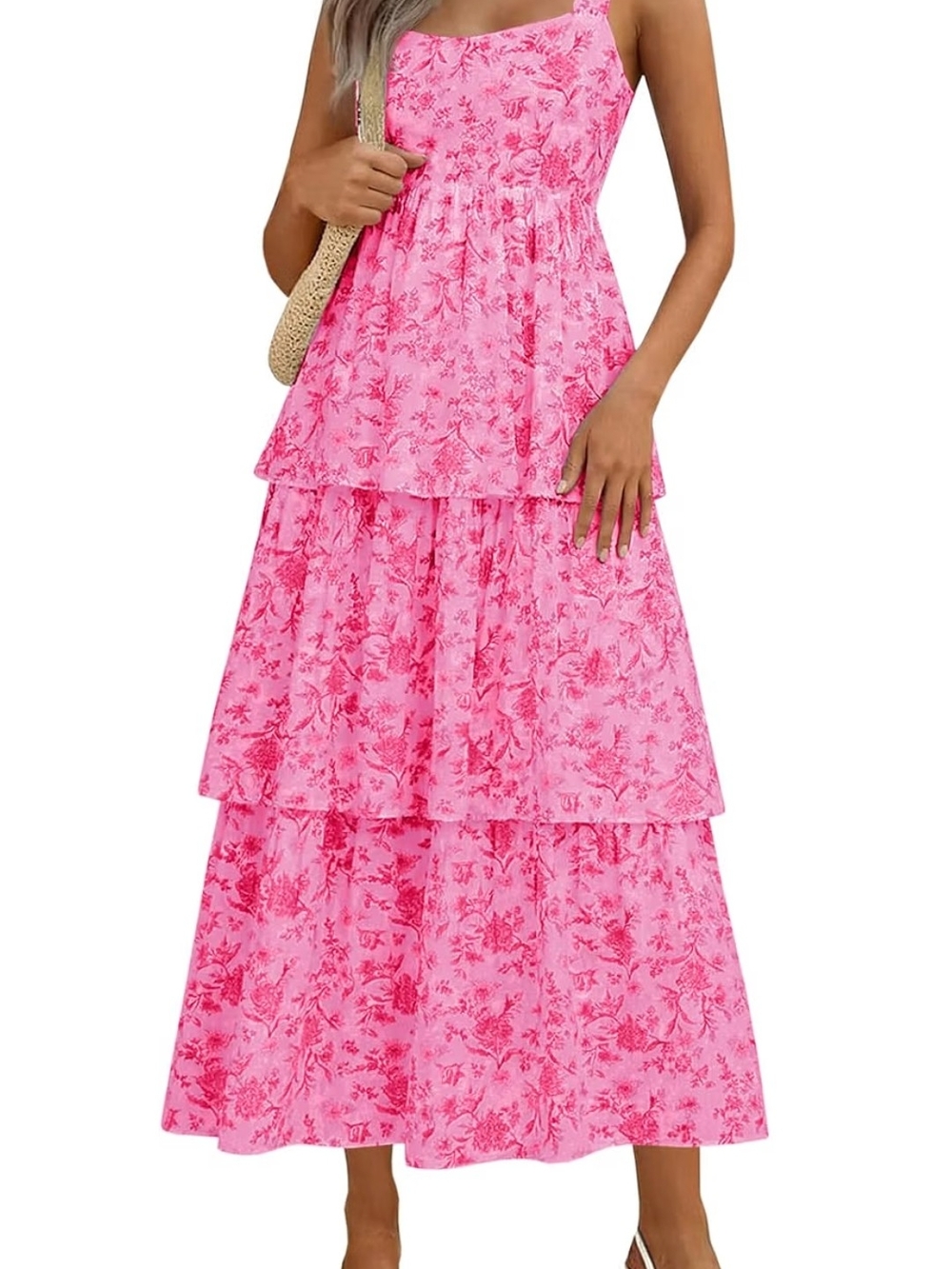 Sleeveless Pink Floral Tiered Maxi Dress